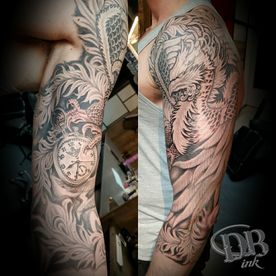 JAPANS,TATTOO,SLEEVE,DB-INK,BLACK AND GREY,KLOK,CLOCK,FENIKS,PHOENIX