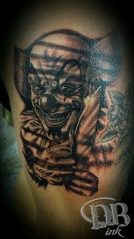 TATTOO,TATOEAGE,REALISTISCH,REALISTIC,BLACK AND GREY,CLOWN,IT