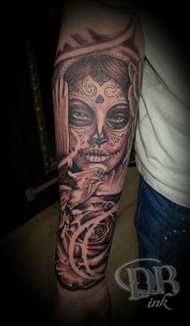 DB-INK,TATTOO,SLEEVE MUERTA,MUERTE,VOGEL,BIRD,REALISTIC,REALISTISCH,PORTRETROOS,ROSES