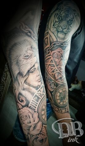 TATTOO,TATOEAGE,SLEEVE,BLACK AND GREY,REALISTIC,REALISTISCH,TIGER,LION,CLOCK,ROSES,
