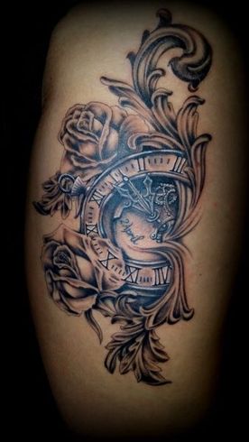 BLACK AND GREY,BAROK,KLOK,CLOCK,FILIGREE,ROZEN,ROSES,TATTOO,TATOEAGE