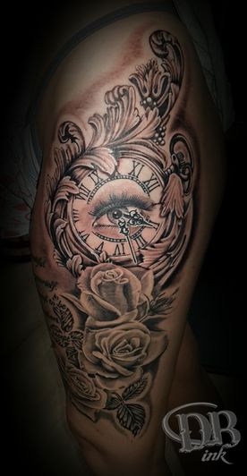 SLEEVE,DB-INK,TATTOO,TATOEAGE,BLACK AND GREY,KLOK,CLOCK,EYE,OOG,ROZEN,ROSES,SIERLIJK,VROUW,LADY