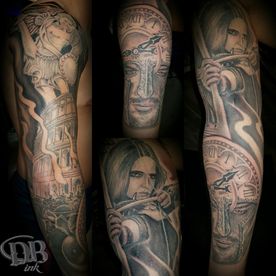 TATTOO,TATOEAGE,SLEEVE,BLACK AND GREY,REALISTIC,REALISTISCH,ROMEINS,ROMAN,KLOK,CLOCK,PORTRET,PORTRAIT