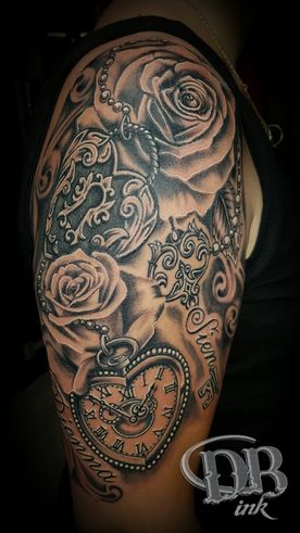 DB-INK,ROZEN,ROSES,REALISTISCH TATTOO,REALITIC TATTOO,KLOK,CLOCK,SLEUTEL,KEY,BLACK AND GREY,NAMEN,NAMES,