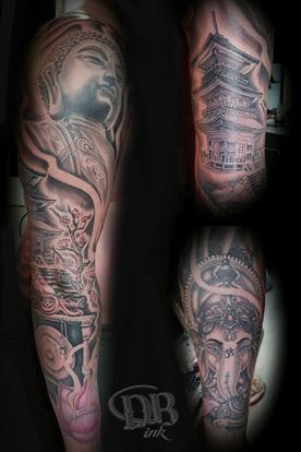 TATTOO,TATOEAGE,SLEEVE,BLACK AND GREY,ORIENTAL,GANESHA,BUDDHA,BOEDDHA,TEMPEL,TEMPLE