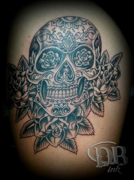 TATTOO,TATOEAGE,BLACK AND GREY,CHICANO,SUGARSKULL,ROSES
