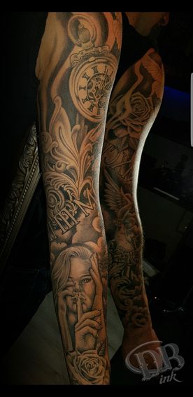 TATTOO,TATOEAGE,SLEEVE,BLACK AND GREY,REALISTIC,REALISTISCH,PORTRAIT,FILIGREE,CLOCK,WINGS