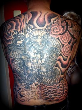 TATTOO,TATOEAGE,JAPANS,JAPANESE,BLACK AND GREY,SAMURAI,TATTOO RUGSTUK,TATTOO ON BACK ,WATER,EARTH,FIRE,WIND