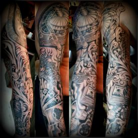 TATTOO,TATOEAGE,SLEEVE,GAMBLE,BLACK AND GREY,REALISTIC,REALISTISCH