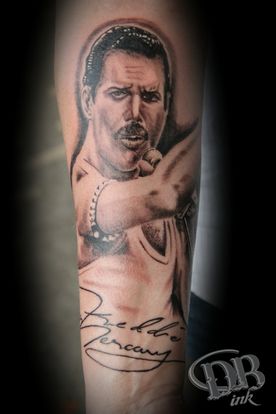 TATTOO,PORTRET,REALISTIC,REALISTISCH,BLACK AND GREY DB-INK,FREDDIE MERCURY