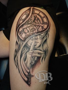 BLACK AND GREY,KLOK,CLOCK,KRUIS,CROSS,PORTRET,PORTRAIT,TATTOO,TATOEAGE