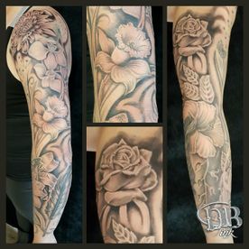 TATTOO,TATOEAGE,SLEEVE,BLACK AND GREY,BLOEMEN FLOWERS