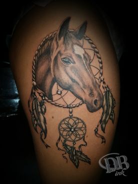 BLACK AND GREY, PAARD,HORSE,DROMENVANGER,DREAMCATCHER,TATTOO,TATOEAGE