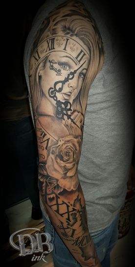 SLEEVE,PORTRET,ROZEN,ROSES,BLACK AND GREY,TATOEAGE,KLOK,CLOCK,