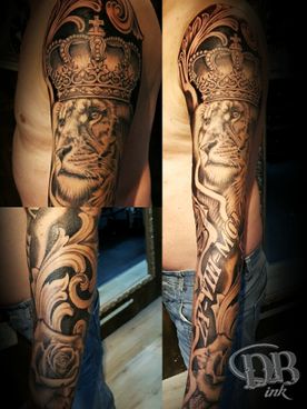 TATTOO,SLEEVE,BLACK AND GREY,DB-INK,TATTOOSHOP,REALISTIC,REALISTISCH,LEEUW,LION.KROON,CROWN,